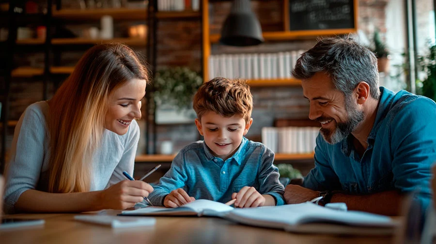 familia-estudiando Padres con su hijo estudiando