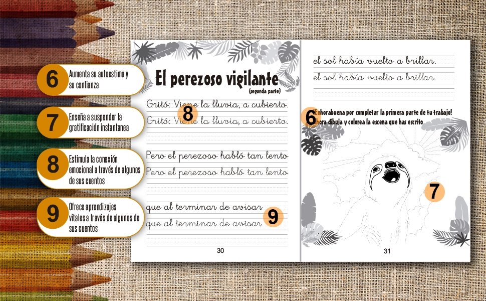 Cuaderno de grafomotricidad con letras, texto y dibujos